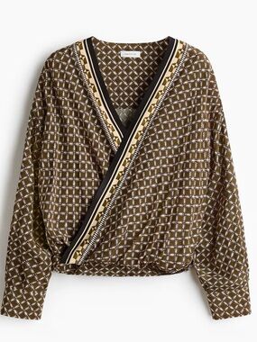 H&M Olive Brown Geometric Wrap-Style Blouse